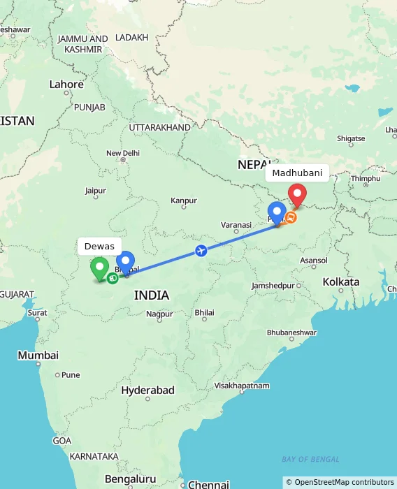 Route map showing distance and travel time from Dewas, India to Madhubani, India