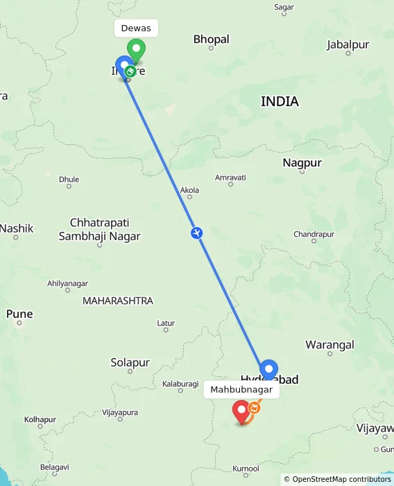 Route map showing distance and travel time from Dewas, India to Mahbubnagar, India