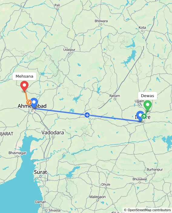 Route map showing distance and travel time from Dewas, India to Mehsana, India