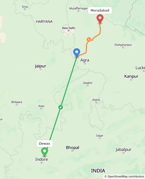 Route map showing distance and travel time from Dewas, India to Moradabad, India