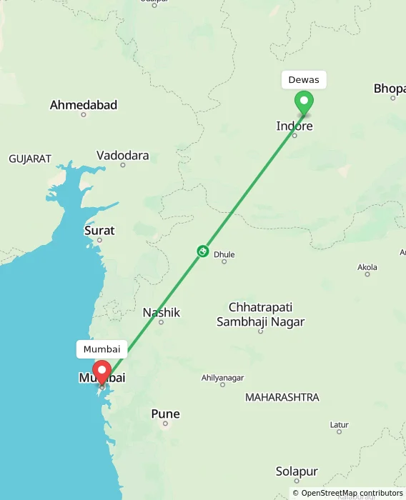 Route map showing distance and travel time from Dewas, India to Mumbai, India