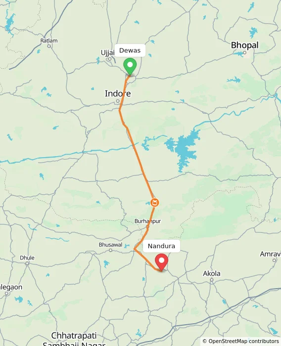 Route map showing distance and travel time from Dewas, India to Nandura, India