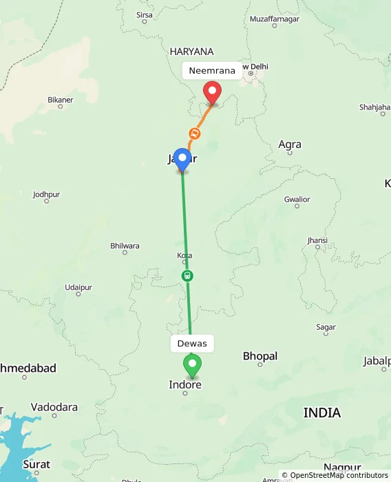 Route map showing distance and travel time from Dewas, India to Neemrana, India