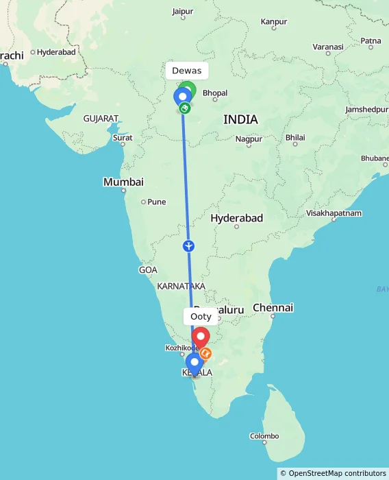 Route map showing distance and travel time from Dewas, India to Ooty, India