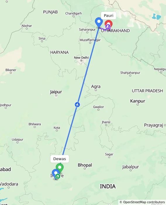 Route map showing distance and travel time from Dewas, India to Pauri, India