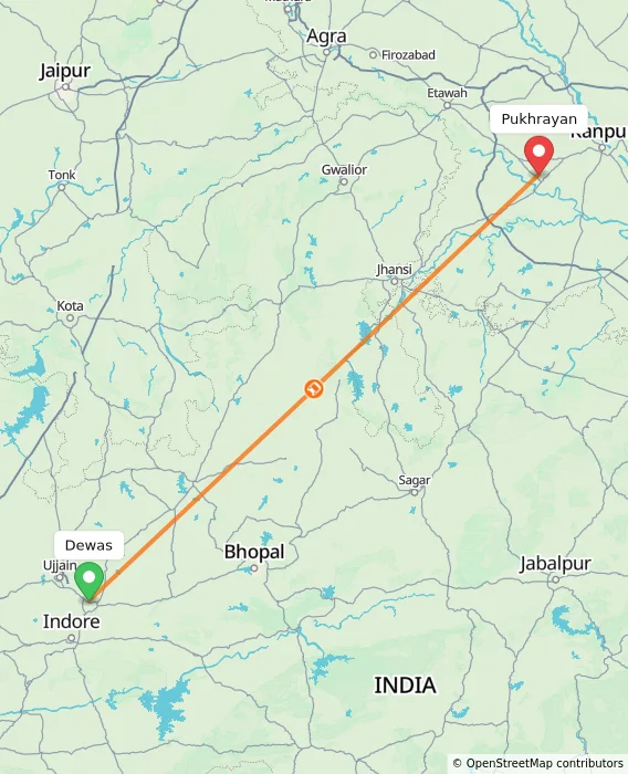 Route map showing distance and travel time from Dewas, India to Pukhrayan, India