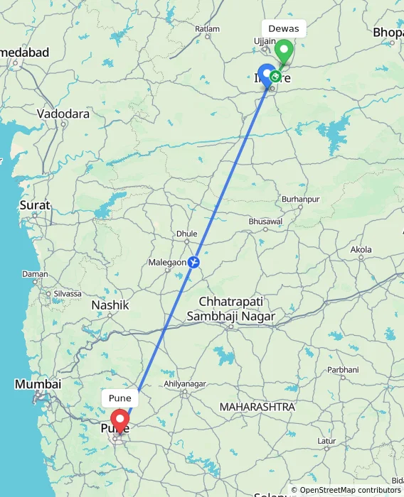 Route map showing distance and travel time from Dewas, India to Pune, India