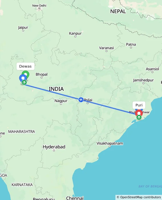 Route map showing distance and travel time from Dewas, India to Puri, India