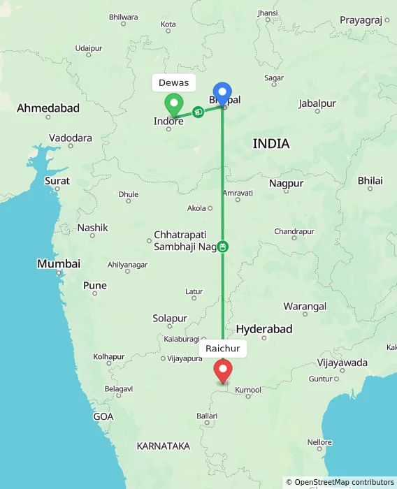 Route map showing distance and travel time from Dewas, India to Raichur, India