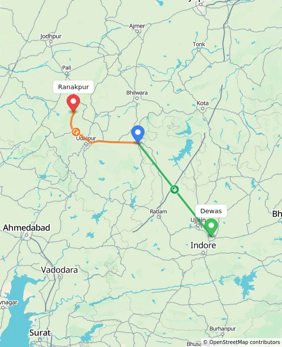 Route map showing distance and travel time from Dewas, India to Ranakpur, India