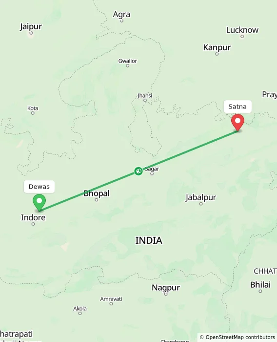 Route map showing distance and travel time from Dewas, India to Satna, India