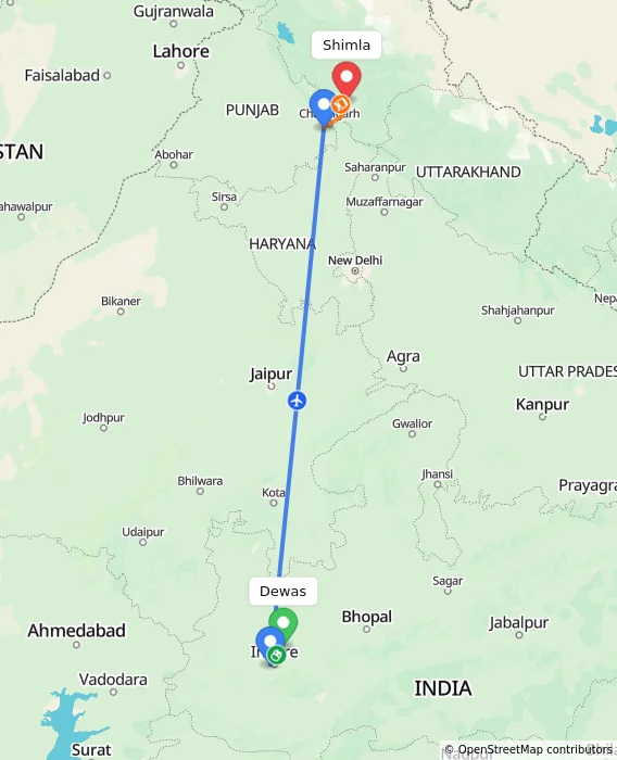 Route map showing distance and travel time from Dewas, India to Shimla, India
