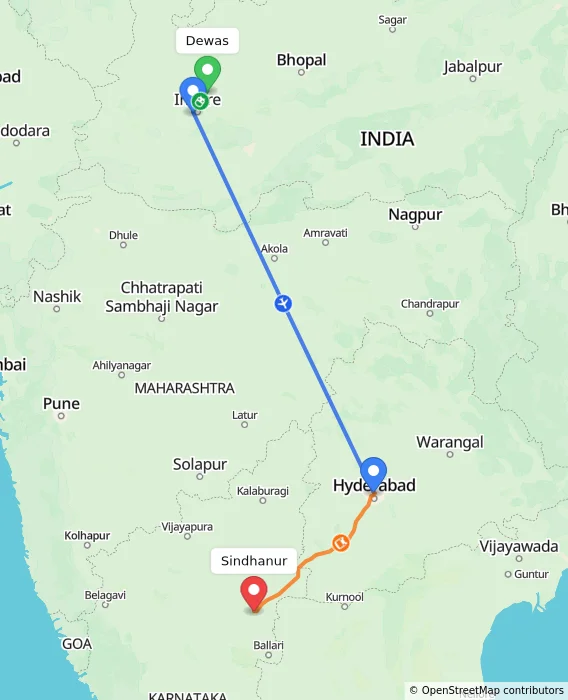 Route map showing distance and travel time from Dewas, India to Sindhanur, India