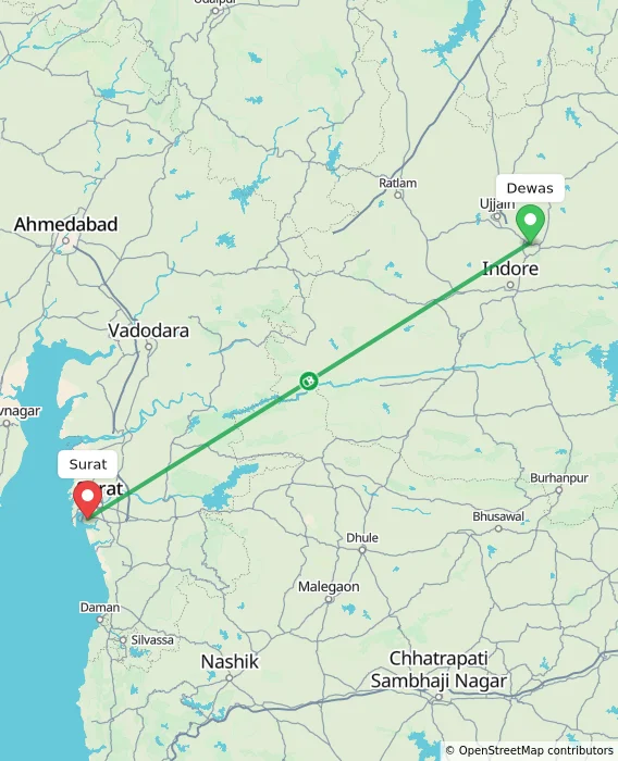 Route map showing distance and travel time from Dewas, India to Surat, India