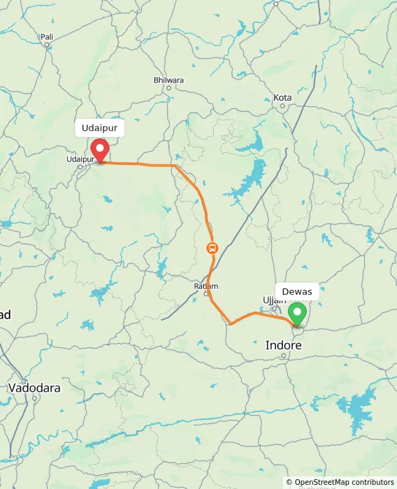 Route map showing distance and travel time from Dewas, India to Udaipur, India