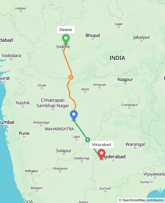 Route map showing distance and travel time from Dewas, India to Vikarabad, India