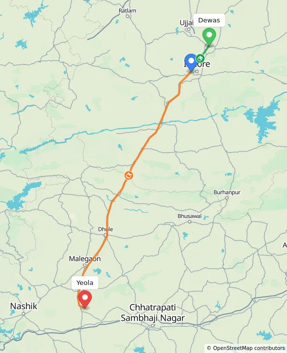 Route map showing distance and travel time from Dewas, India to Yeola, India
