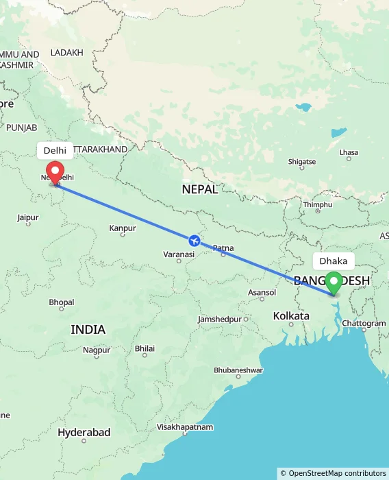 Route map showing distance and travel time from Dhaka, Bangladesh to Delhi, India
