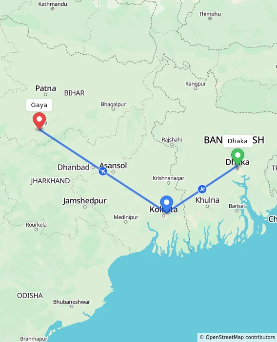 Route map showing distance and travel time from Dhaka, Bangladesh to Gaya, India