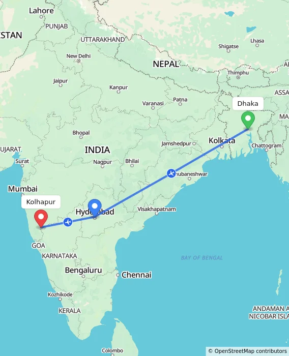 Route map showing distance and travel time from Dhaka, Bangladesh to Kolhapur, India