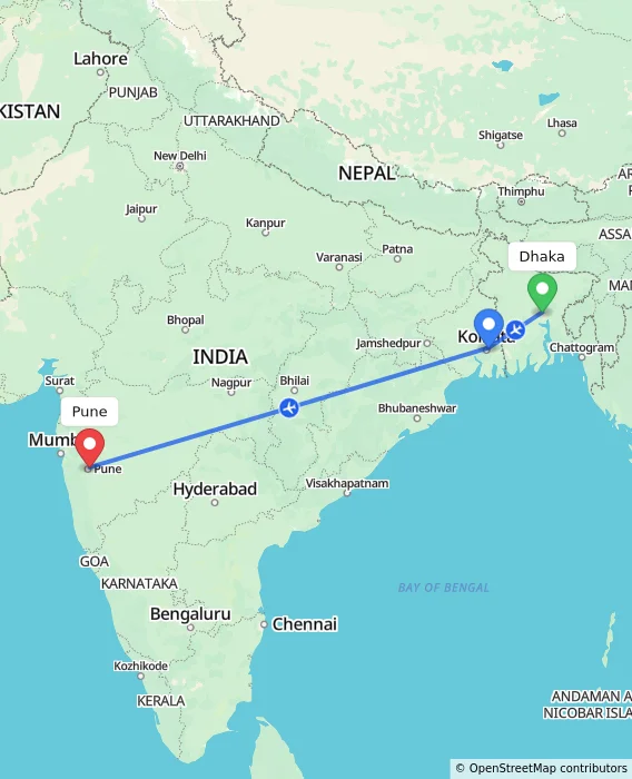 Route map showing distance and travel time from Dhaka, Bangladesh to Pune, India