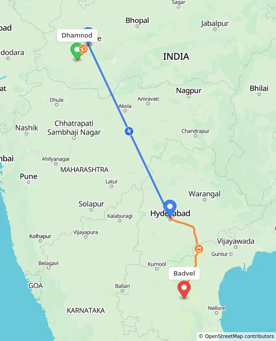 Route map showing distance and travel time from Dhamnod, India to Badvel, India