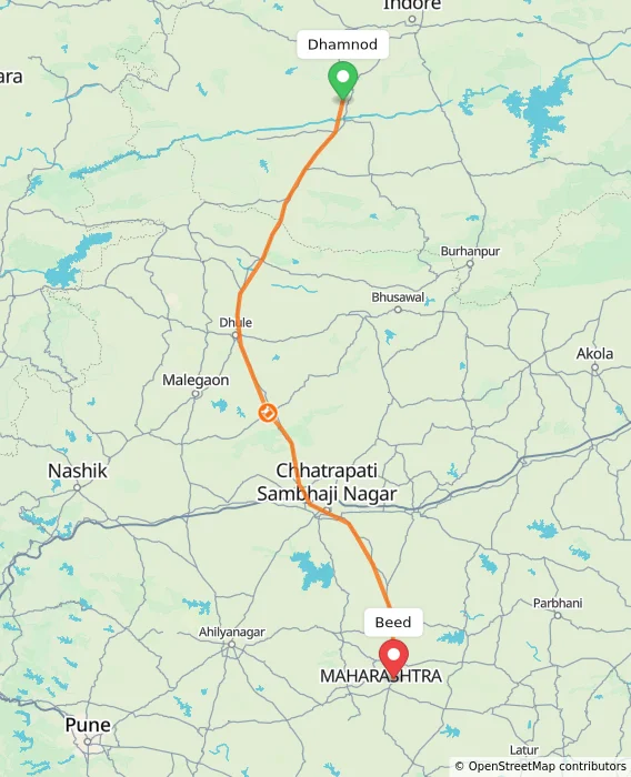 Route map showing distance and travel time from Dhamnod, India to Beed, India