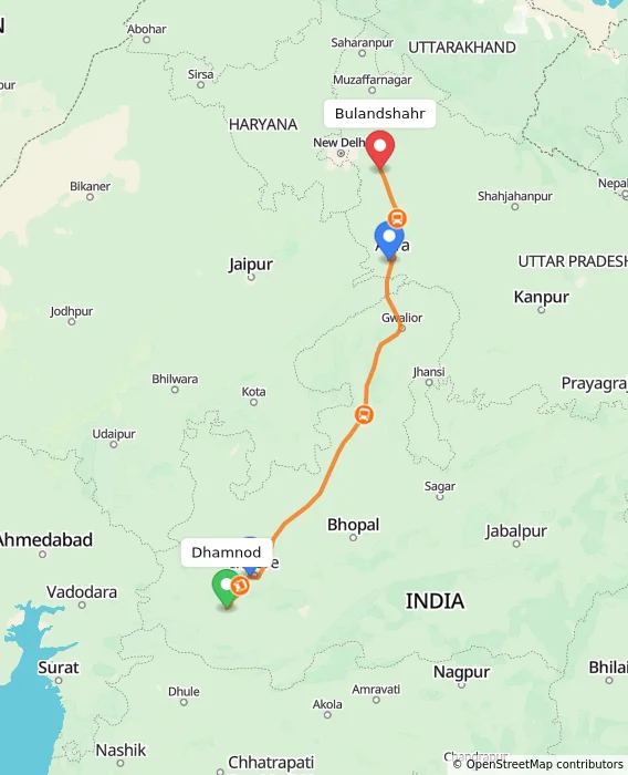 Route map showing distance and travel time from Dhamnod, India to Bulandshahr, India