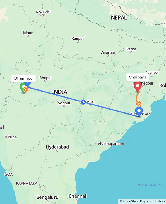 Route map showing distance and travel time from Dhamnod, India to Chaibasa, India