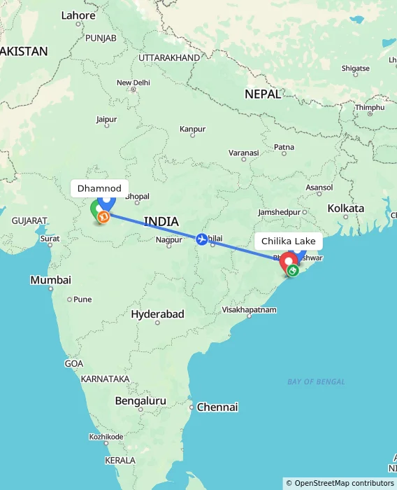 Route map showing distance and travel time from Dhamnod, India to Chilika Lake, India