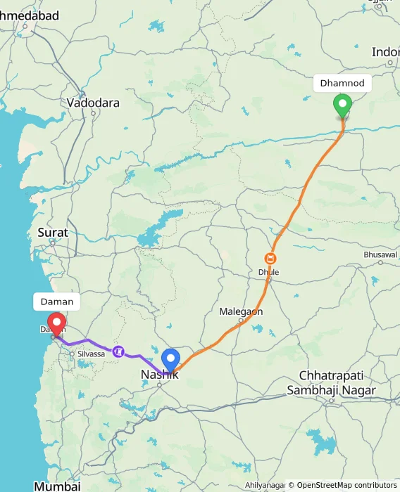 Route map showing distance and travel time from Dhamnod, India to Daman, India