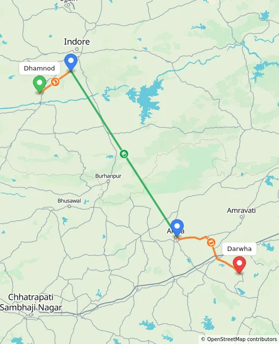 Route map showing distance and travel time from Dhamnod, India to Darwha, India
