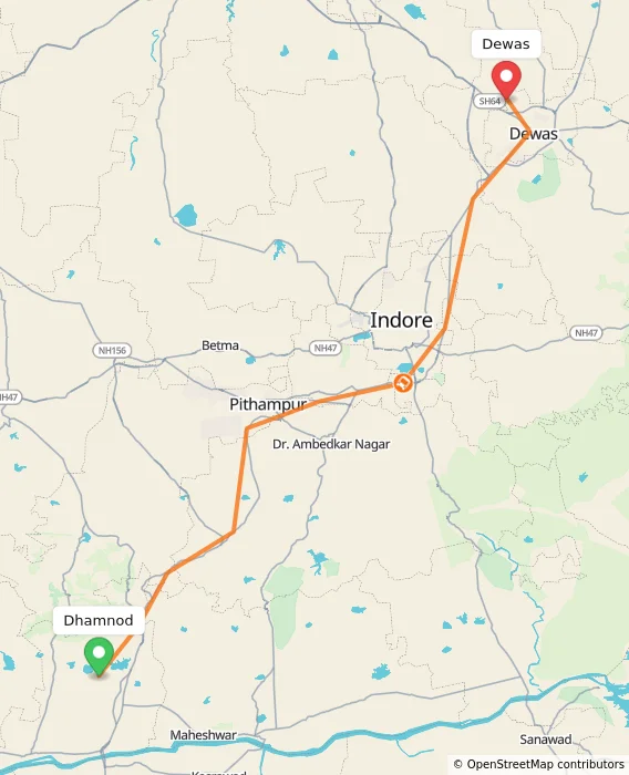 Route map showing distance and travel time from Dhamnod, India to Dewas, India
