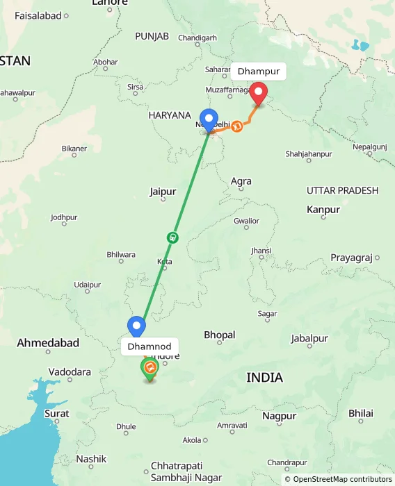 Route map showing distance and travel time from Dhamnod, India to Dhampur, India