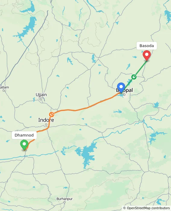 Route map showing distance and travel time from Dhamnod, India to Basoda, India