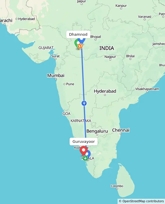 Route map showing distance and travel time from Dhamnod, India to Guruvayoor, India