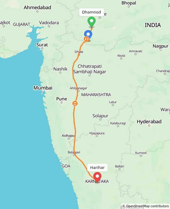 Route map showing distance and travel time from Dhamnod, India to Harihar, India
