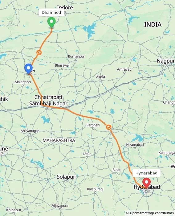 Route map showing distance and travel time from Dhamnod, India to Hyderabad, India
