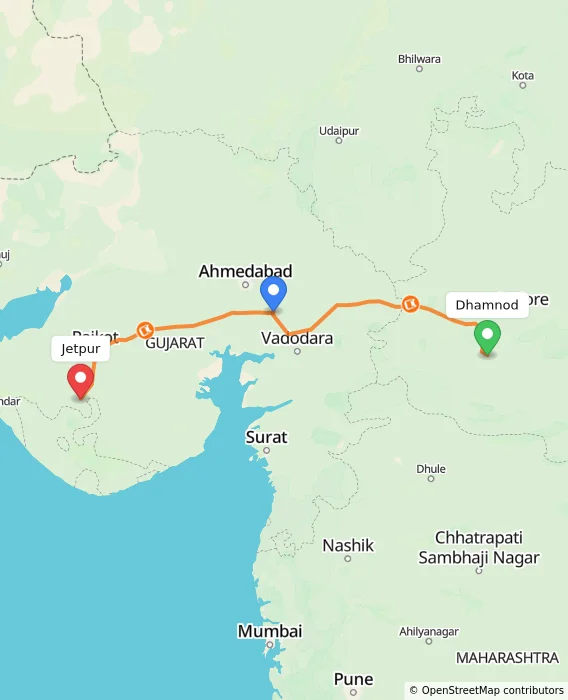 Route map showing distance and travel time from Dhamnod, India to Jetpur, India