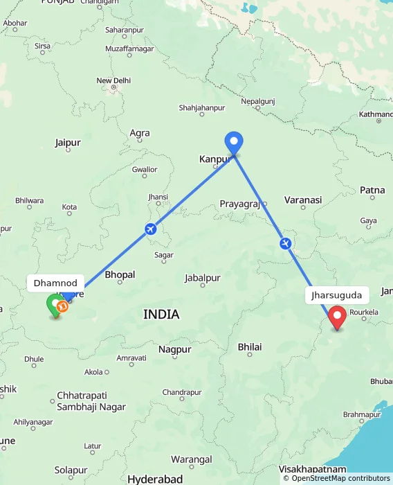 Route map showing distance and travel time from Dhamnod, India to Jharsuguda, India