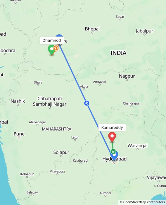 Route map showing distance and travel time from Dhamnod, India to Kamareddy, India