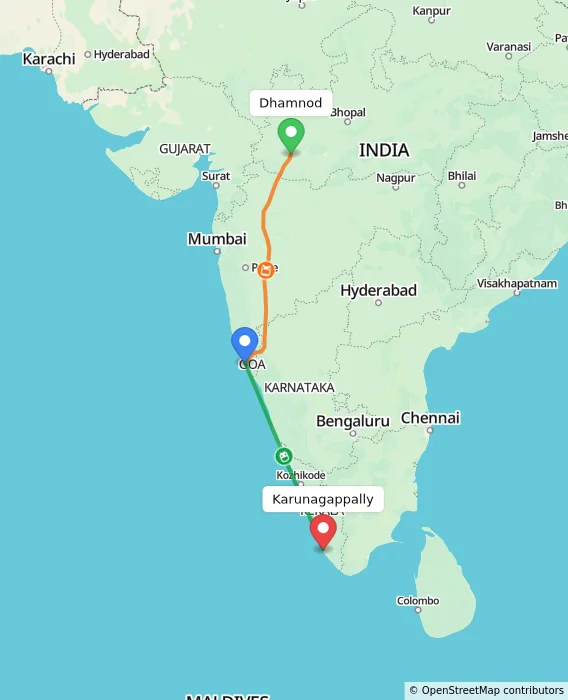 Route map showing distance and travel time from Dhamnod, India to Karunagappally, India