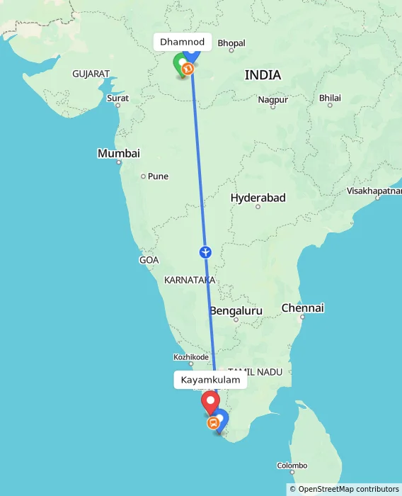 Route map showing distance and travel time from Dhamnod, India to Kayamkulam, India