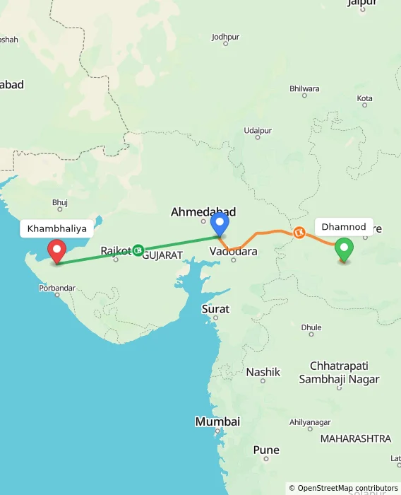 Route map showing distance and travel time from Dhamnod, India to Khambhaliya, India