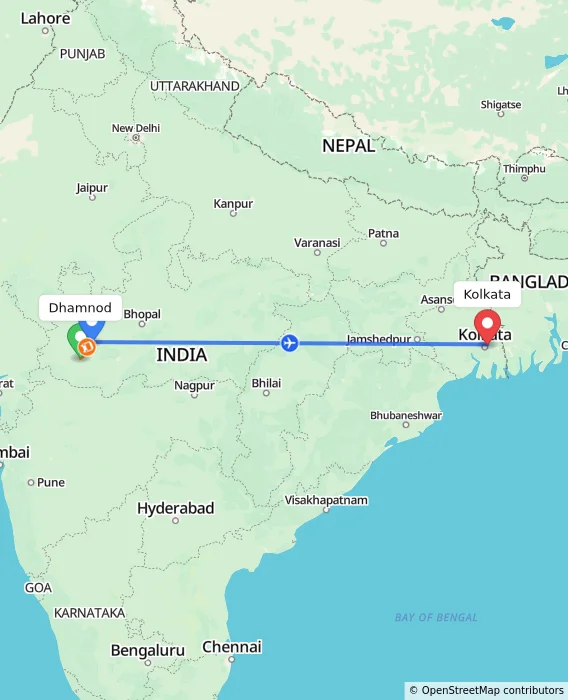 Route map showing distance and travel time from Dhamnod, India to Kolkata, India