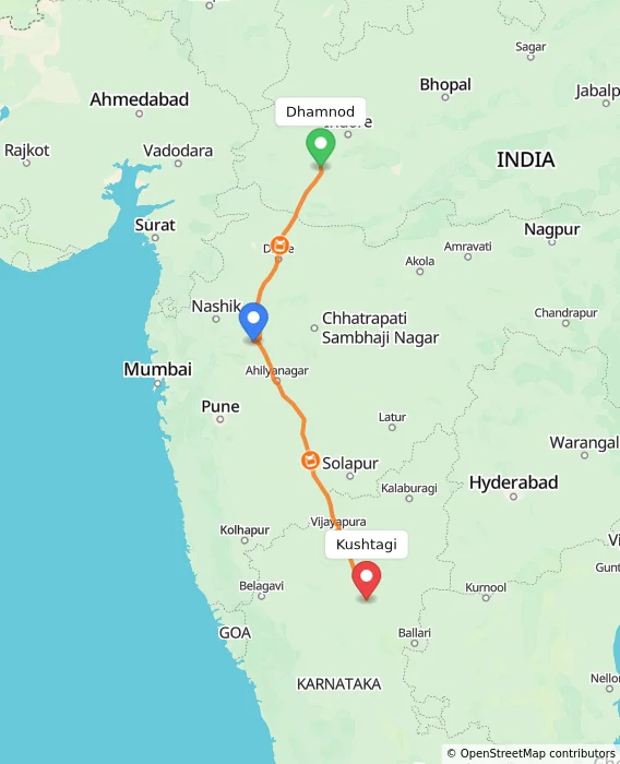 Route map showing distance and travel time from Dhamnod, India to Kushtagi, India