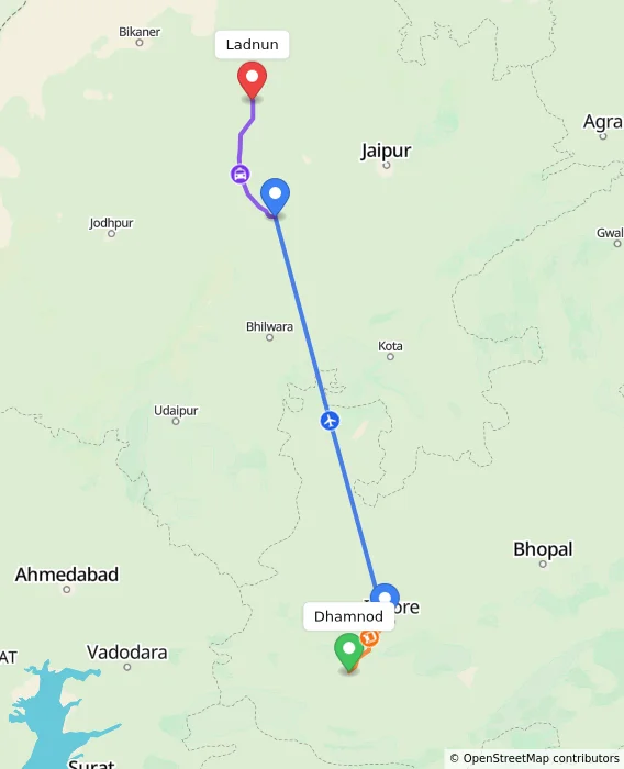 Route map showing distance and travel time from Dhamnod, India to Ladnun, India