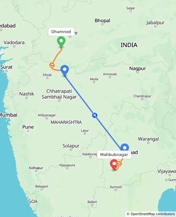 Route map showing distance and travel time from Dhamnod, India to Mahbubnagar, India