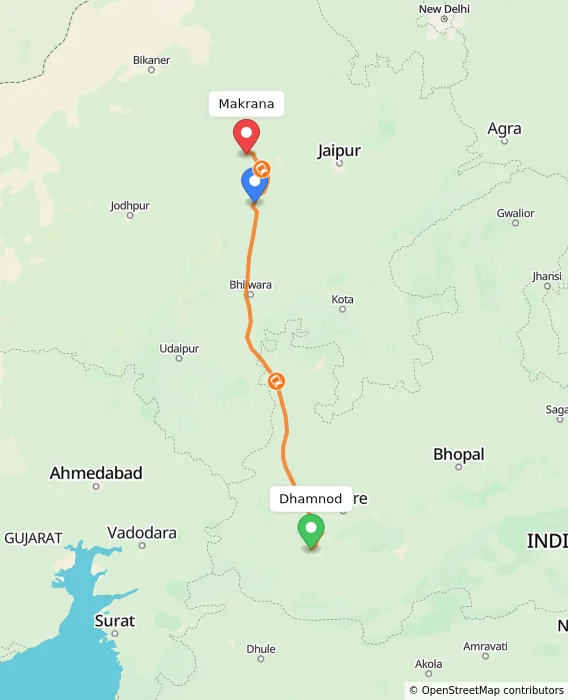 Route map showing distance and travel time from Dhamnod, India to Makrana, India