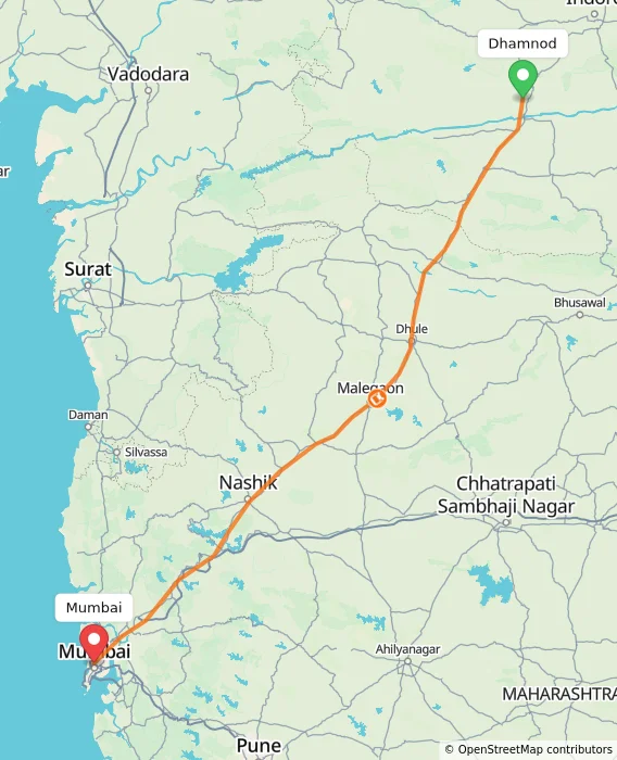 Route map showing distance and travel time from Dhamnod, India to Mumbai, India